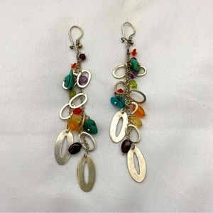 Multicolored Beads and Silver Toned Ovals Dangling Slip On Boho Earrings